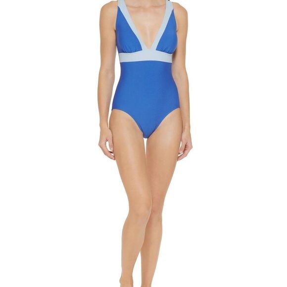 DKNY Plunging Colorblocked One-Piece Swimsuit Blue Size 12 - Picture 5 of 13